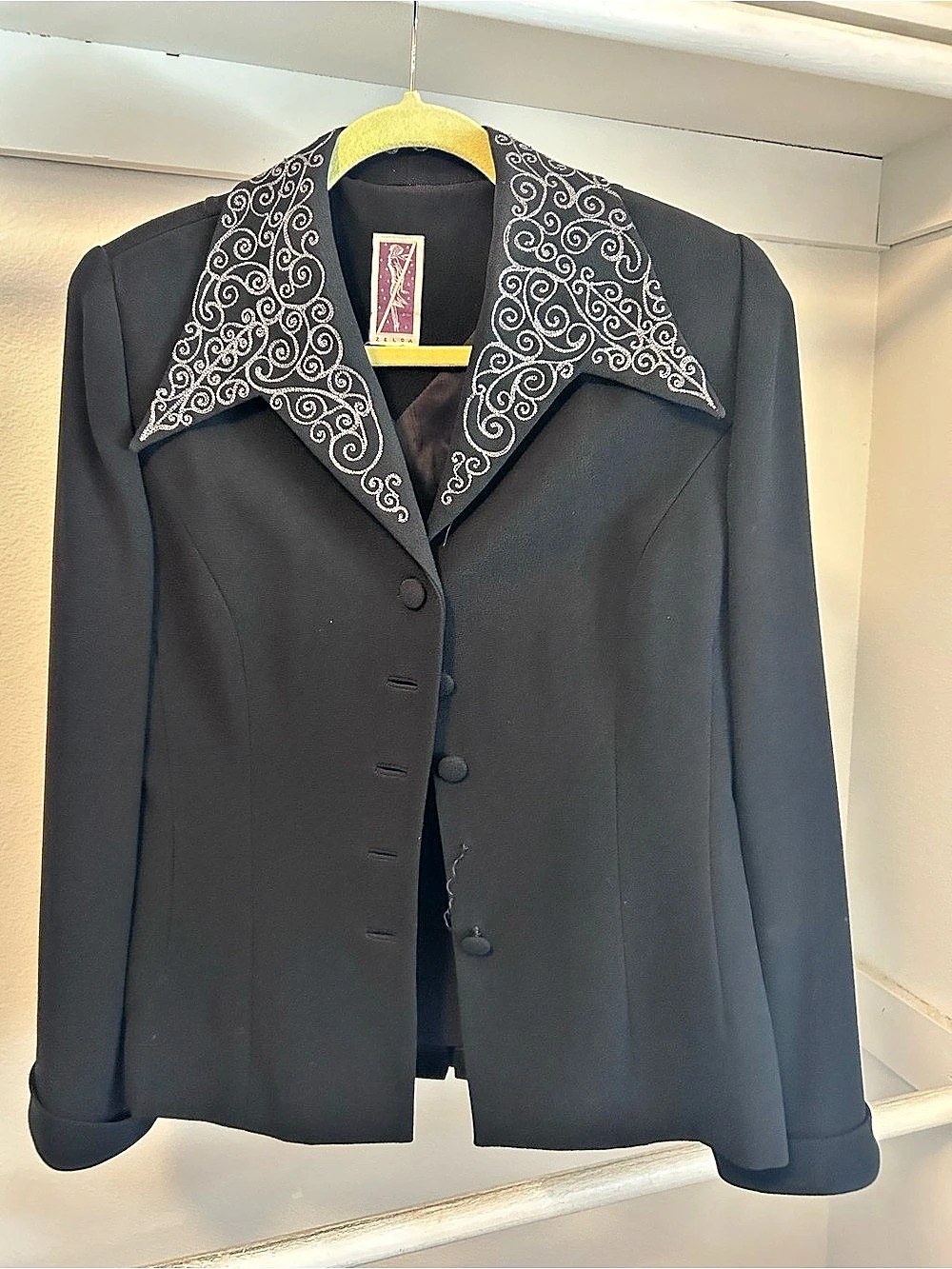 Zelda Black Blazer with Embellished Lapel Size 8 Vintage 90s